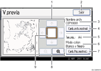 Ilustración con llamadas numeradas de la pantalla del panel de operaciones