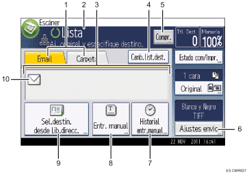 Ilustración con llamadas numeradas de la pantalla del panel de operaciones