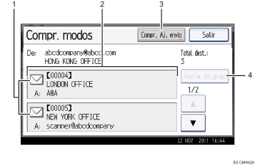 Ilustración con llamadas numeradas de la pantalla del panel de operaciones