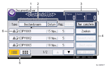 Genummerde afbeelding van het scherm van het bedieningspaneel