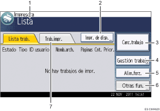 Ilustración con llamadas numeradas de la pantalla del panel de operaciones