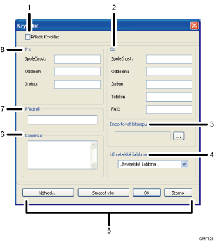 Ilustrace obrazovky aplikace s číslovanými popisky