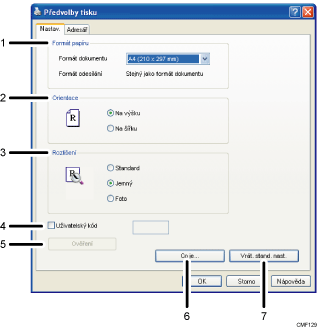 Ilustrace obrazovky aplikace s číslovanými popisky