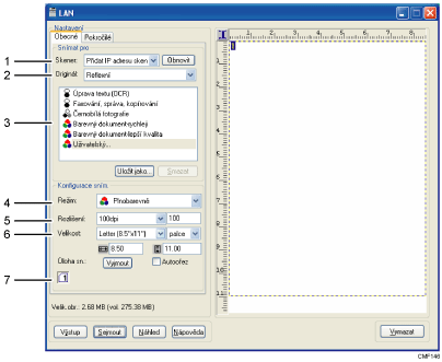 Ilustrace obrazovky aplikace s číslovanými popisky