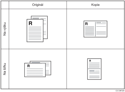 Ilustrace 1-stránkových 2 originálů, které se mají kombinovat 2 na 1 jednostránkovou kopii