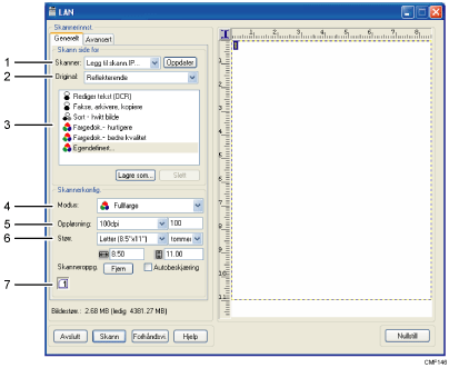 Illustrasjon av applikasjonsskjerm med nummererte forklaringer.
