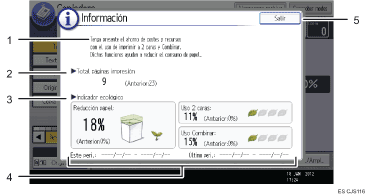 Ilustración con llamadas numeradas de la pantalla del panel de operaciones