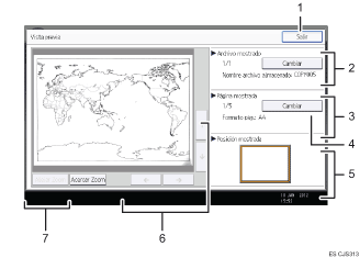 Ilustración con llamadas numeradas de la pantalla del panel de operaciones