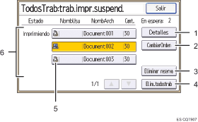Ilustración con llamadas numeradas de la pantalla del panel de operaciones