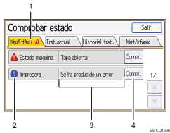 Ilustración con llamadas numeradas de la pantalla del panel de operaciones