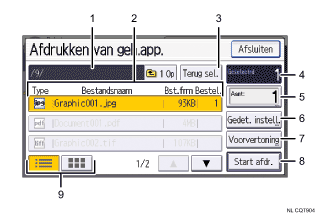 Genummerde afbeelding van het scherm van het bedieningspaneel