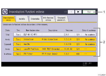 Illustrazione schermata pannello di controllo con didascalie numerate