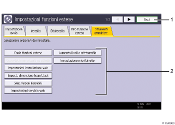 Illustrazione schermata pannello di controllo con didascalie numerate