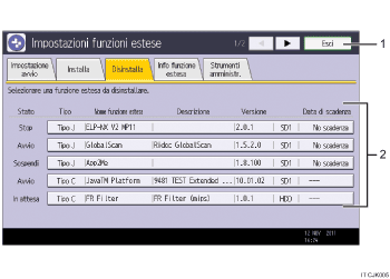 Illustrazione schermata pannello di controllo con didascalie numerate