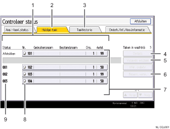 Genummerde afbeelding van het scherm van het bedieningspaneel