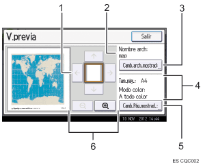 Ilustración con llamadas numeradas de la pantalla del panel de operaciones