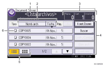 Ilustración con llamadas numeradas de la pantalla del panel de operaciones