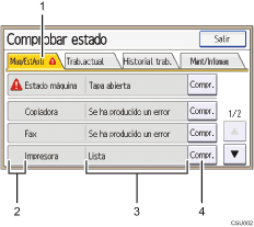 Ilustración con llamadas numeradas de la pantalla del panel de operaciones
