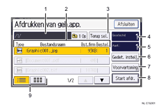 Genummerde afbeelding van het scherm van het bedieningspaneel