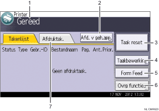 Genummerde afbeelding van het scherm van het bedieningspaneel