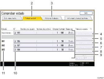 Ilustración con llamadas numeradas de la pantalla del panel de operaciones