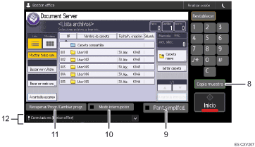 Ilustración con llamadas numeradas de la pantalla del panel de operaciones