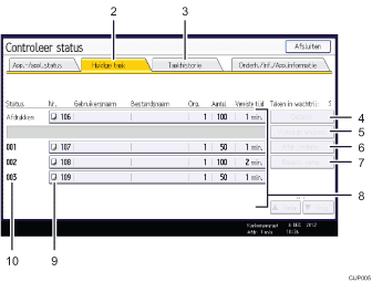 Genummerde afbeelding van het scherm van het bedieningspaneel