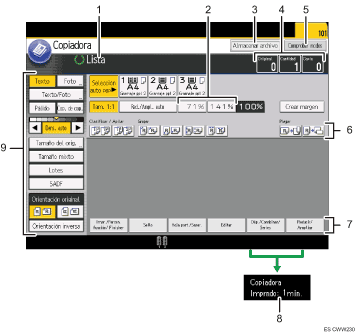 Ilustración con llamadas numeradas de la pantalla del panel de operaciones
