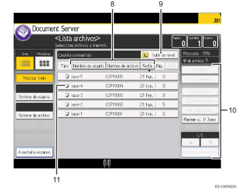 Ilustración con llamadas numeradas de la pantalla del panel de operaciones