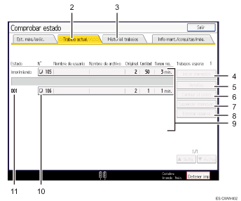 Ilustración con llamadas numeradas de la pantalla del panel de operaciones