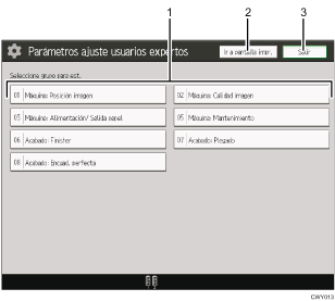 Ilustración con llamadas numeradas de la pantalla del panel de operaciones
