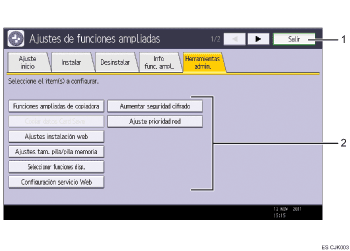 Ilustración con llamadas numeradas de la pantalla del panel de operaciones