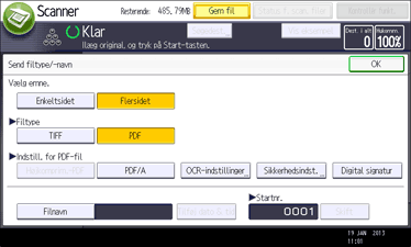 Illustration af skærmbilledet på betjeningspanelet