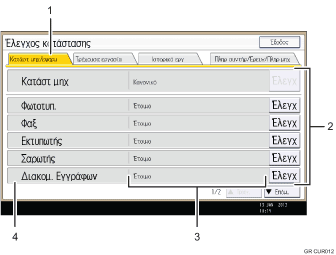 Απεικόνιση οθόνης λειτουργίας με αριθμημένες υποδείξεις