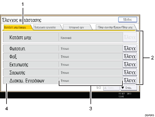 Απεικόνιση οθόνης λειτουργίας με αριθμημένες υποδείξεις