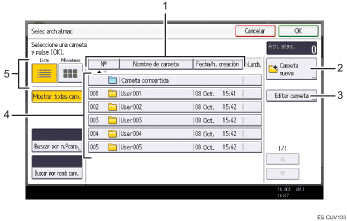 Ilustración con llamadas numeradas de la pantalla del panel de operaciones