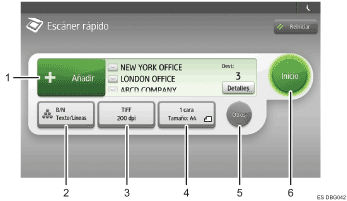Ilustración con llamadas numeradas de la pantalla del panel de operaciones