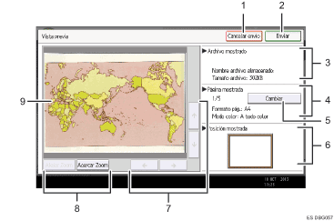 Ilustración con llamadas numeradas de la pantalla del panel de operaciones