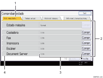 Ilustración con llamadas numeradas de la pantalla del panel de operaciones