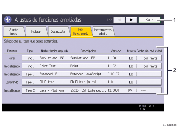 Ilustración con llamadas numeradas de la pantalla del panel de operaciones