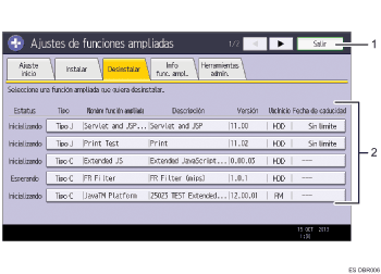 Ilustración con llamadas numeradas de la pantalla del panel de operaciones