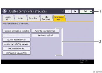 Ilustración con llamadas numeradas de la pantalla del panel de operaciones