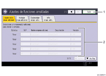 Ilustración con llamadas numeradas de la pantalla del panel de operaciones