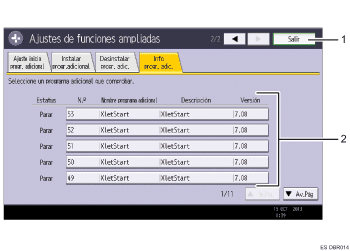 Ilustración con llamadas numeradas de la pantalla del panel de operaciones