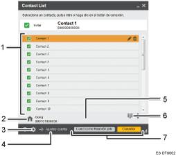Ilustración de la pantalla de la aplicación ilustración con llamadas numeradas