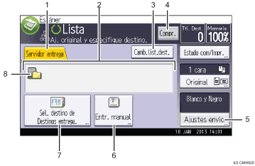 Ilustración con llamadas numeradas de la pantalla del panel de operaciones