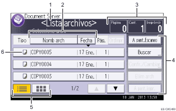 Ilustración con llamadas numeradas de la pantalla del panel de operaciones