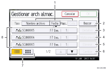 Ilustración con llamadas numeradas de la pantalla del panel de operaciones