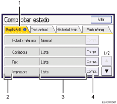 Ilustración con llamadas numeradas de la pantalla del panel de operaciones
