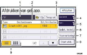 Genummerde afbeelding van het scherm van het bedieningspaneel